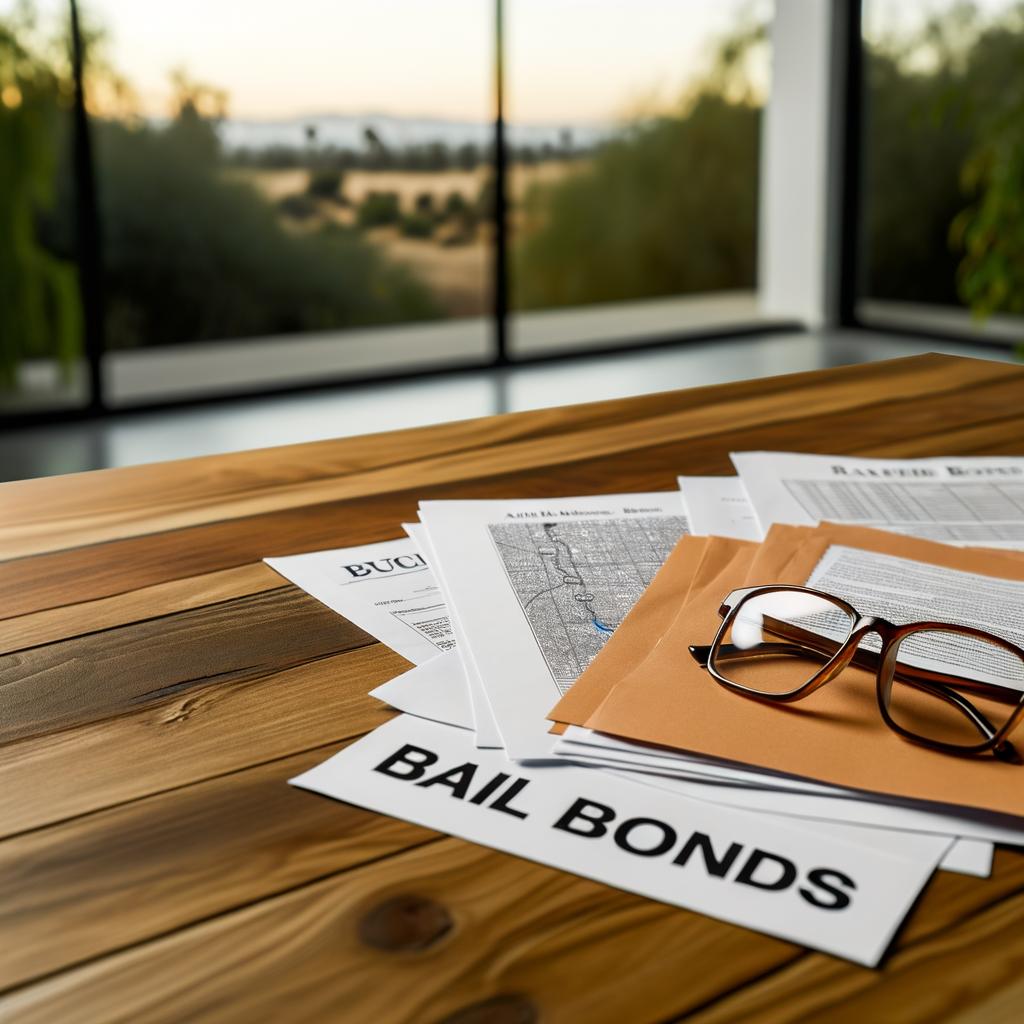BAIL BONDS paperwork with cash and handcuffs on desk